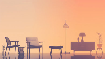 A collection of furniture silhouettes, showcasing an armchair, table, and lamp, elegantly displayed against a soft gradient background.の素材