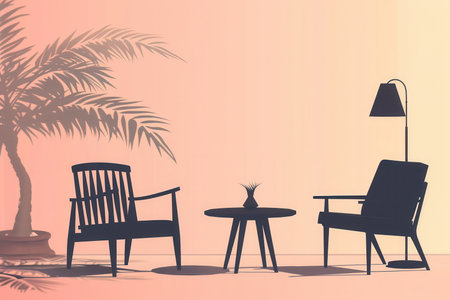 Silhouettes of an armchair, a lamp, and a table create a cozy atmosphere against a light gradient backdrop, evoking relaxation and style.の素材