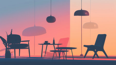 Various furniture silhouettes create a cozy atmosphere on a light gradient background, suggesting a serene evening setting.の素材
