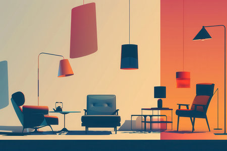 Silhouettes of various furniture pieces, including chairs and lamps, create a striking contrast against a soft gradient backdrop.の素材
