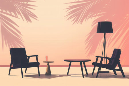 Various silhouettes of stylish furniture create a serene atmosphere on a light gradient background, inviting relaxation in any space.の素材