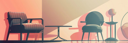 A collection of silhouette furniture, including an armchair, table, and lamp, creates a soothing atmosphere with gentle color gradients.の素材