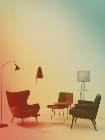 Silhouetted furniture such as armchairs, tables, and lamps create an inviting ambiance against a warm gradient backdrop.の素材