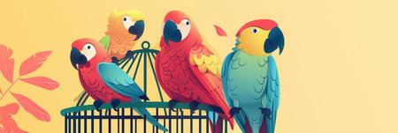 The lively parrots display their vivid plumage while enjoying their time in an ornate cage filled with lush greenery.の素材