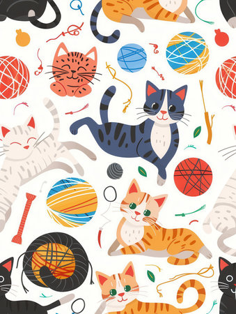 Several playful cats interact with colorful yarn, balls, and toys, showing their playful nature on a vibrant background.の素材