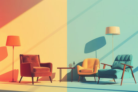 Silhouettes of various furniture including armchairs and a table are showcased against a colorful gradient background, suggesting comfort.の素材