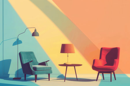 Various furniture silhouettes cast striking shapes in a modern design, enhancing the vibrant atmosphere of the room.の素材