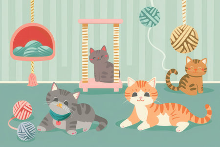 Adorable cats are actively playing with vibrant yarn balls and engaging with toys in a comfortable, inviting room setting.の素材