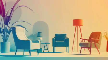 Various silhouettes of furniture pieces, including armchairs, a lamp, and a table, create a stylish atmosphere with a vibrant gradient background.の素材
