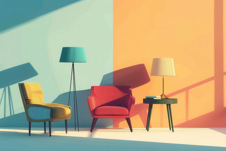 Various silhouettes of stylish furniture, including a bright armchair, lamp, and table, create a vibrant atmosphere with a soft gradient background.の素材