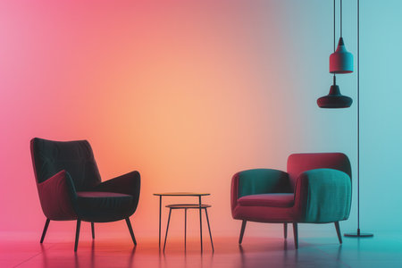 Silhouettes of stylish furniture pieces create a warm ambiance against a light gradient background, evoking a cozy atmosphere.の素材