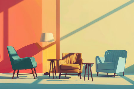 Elegant silhouettes of various furniture pieces create a harmonious composition in soft gradient colors, evoking a cozy atmosphere.の素材