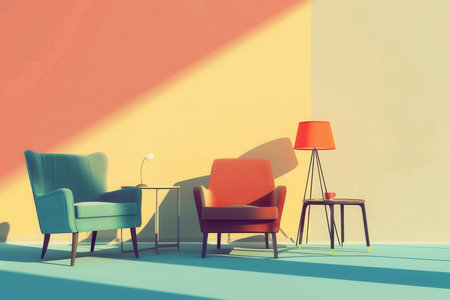 Various furniture silhouettes, including armchairs, a table, and a lamp, create a striking visual on a softly colored background.の素材