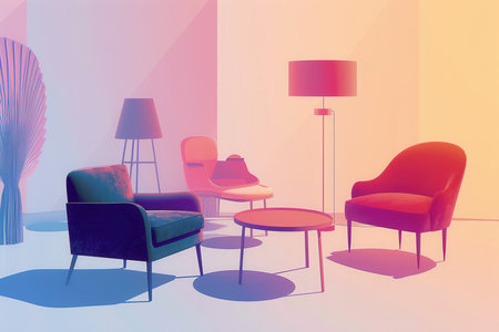 The scene features silhouettes of a stylish armchair, sleek table, and elegant lamp against a soothing gradient backdrop, evoking a cozy atmosphere.の素材