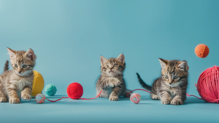 Three kittens engage with vibrant yarn balls and toys, showing their playful nature in a warm, cheerful atmosphere.の素材