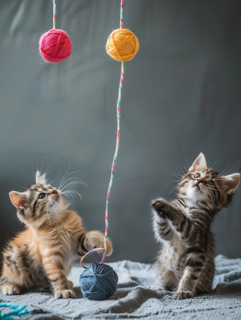 Two curious kittens are engaged in playful antics, batting at brightly colored yarn balls hanging above them.の素材