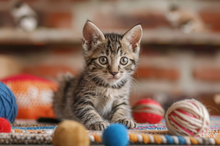 A playful kitten explores vibrant yarn and balls scattered around, enjoying the lively atmosphere of a warm and inviting room.の素材