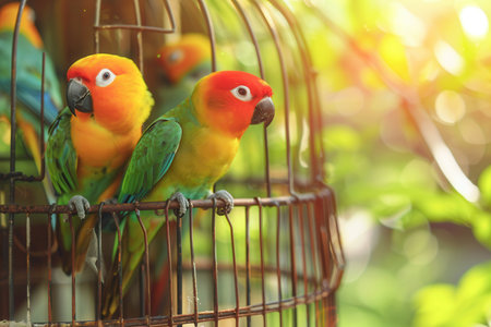 Two lively parrots with vivid plumage sit comfortably in a decorative cage amidst flourishing greenery and glowing sunlight.の素材