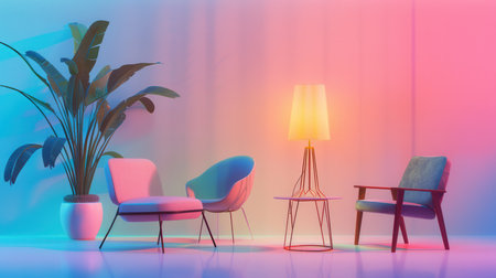 Various silhouettes of furniture pieces create a stylish atmosphere against a soft light gradient background, highlighting modern design.の素材