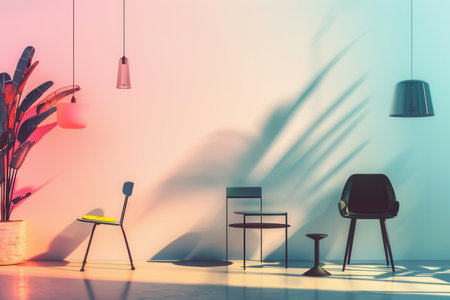 Various silhouettes of contemporary furniture pieces are displayed against a soft gradient backdrop, highlighting their elegant forms.の素材