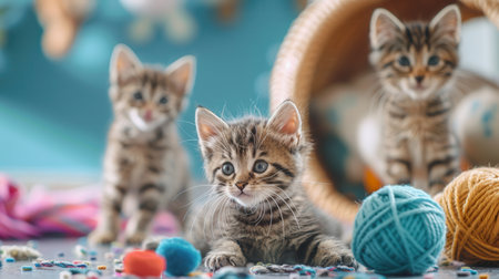 Three adorable kittens engage in playful antics with vibrant yarn and scattered toys, creating a lively atmosphere indoors.の素材