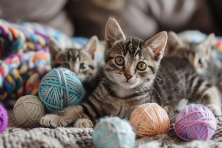 Three playful kittens enjoy batting and pouncing on vibrant yarn balls in a comfortable indoor space filled with soft textures.の素材