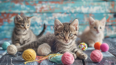 Kittens are energetically playing with various yarn balls of vibrant colors on a rustic wooden surface in a cozy setting.の素材