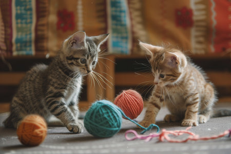 Two curious kittens are having fun playing with brightly colored yarn balls in a warm, inviting room filled with soft light.の素材