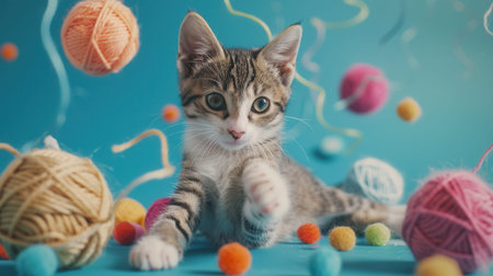 Two playful kittens frolic amidst colorful yarn and balls, showing their playful nature in a lively indoor environment.の素材