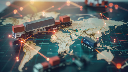 A world map highlights important transport routes with icons representing different modes of transportation across continents.の素材