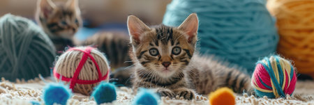 Two cute kittens are happily playing with various colorful balls and yarn, enjoying their time in a bright, friendly atmosphere.の素材