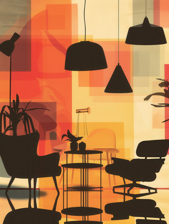 Silhouettes of an armchair, table, and lamps are displayed against a soft gradient background, creating a warm, inviting atmosphere.の素材