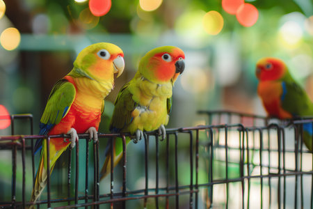 Three vivid parrots sit together in a cage, showing their vibrant plumage among the serene, green backdrop.の素材
