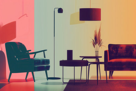 Silhouettes of various furniture pieces, including an armchair, table, and lamp, are displayed against a soft gradient backdrop.の素材