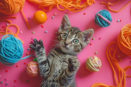 A curious kitten rolls playfully among various yarn balls and toys, showing its energy and enthusiasm in a lively setting.の素材