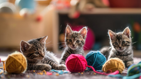Three playful kittens explore vibrant yarn balls and toys, engaging in delightful antics during a sunny afternoon at home.の素材