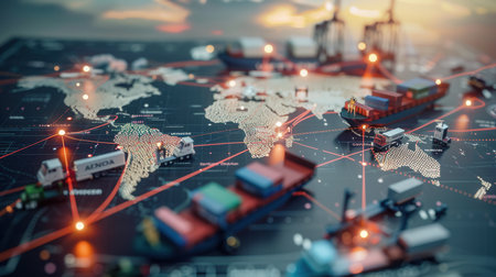 A detailed map showing global transport routes, featuring icons of ships, trucks, and planes to represent diverse travel and trade connections.の素材