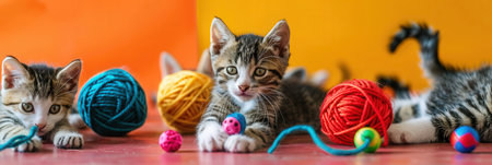 Playful cats are engaging with vibrant yarn and toys, showing them lively and curious personalities in a cheerful atmosphere.の素材