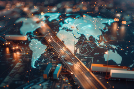 Highlighted transport routes connect major global cities with different transport icons indicating diverse logistics options.の素材