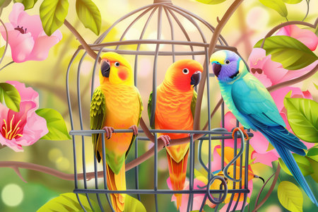 Three colorful parrots sit inside a charming cage, enjoying the serene beauty of a garden filled with pink flowers.の素材
