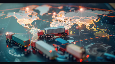 A world map displays highlighted transport routes and icons representing various modes of transport connecting global destinations.の素材