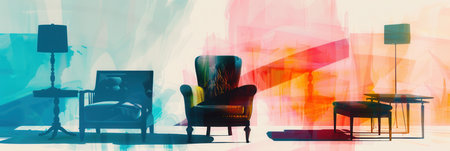 Various furniture silhouettes create an artistic arrangement against a colorful gradient background, enhancing the visual appeal of the setting.の素材