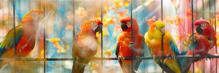 A group of bright parrots gathers in a beautifully adorned cage, surrounded by colorful flowers and lush greenery.の素材