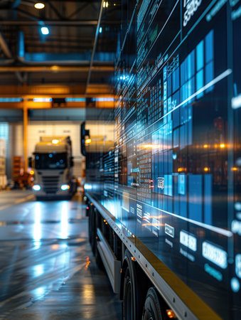 Large screens at a logistics control center display essential delivery and route data for efficient operations during nighttime.の素材