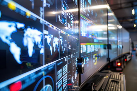 A busy logistics control center showcases large screens filled with real-time delivery and route data for efficient operations.の素材