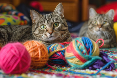 Two curious cats are happily playing with yarn balls scattered across a colorful rug in a warm indoor setting.の素材