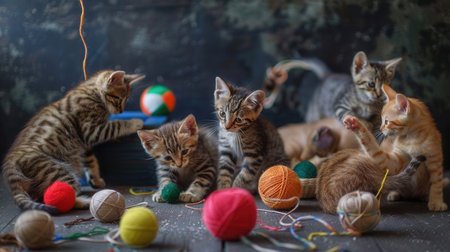 Several curious kittens engage with a variety of brightly colored toys, balls, and strands of yarn, showing their playful energy.の素材