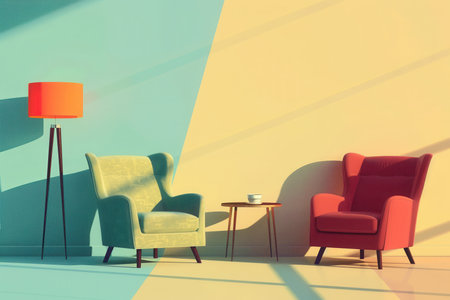 Various silhouettes of an armchair, table, and lamp create a stylish arrangement against a light gradient backdrop during the day.の素材