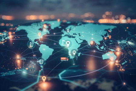 A detailed global map showcases highlighted transport routes with icons representing different transport types across the world.の素材