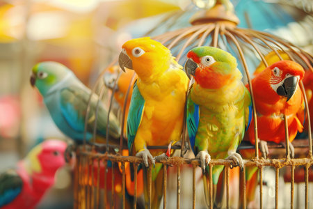 Brightly colored parrots perch closely in a beautifully designed cage, surrounded by a lively, sunlit atmosphere.の素材